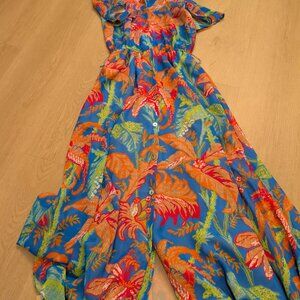 XS Gretchen Scott Summer Maxi Floral Collar Short Sleeve Tropical Resort Beach